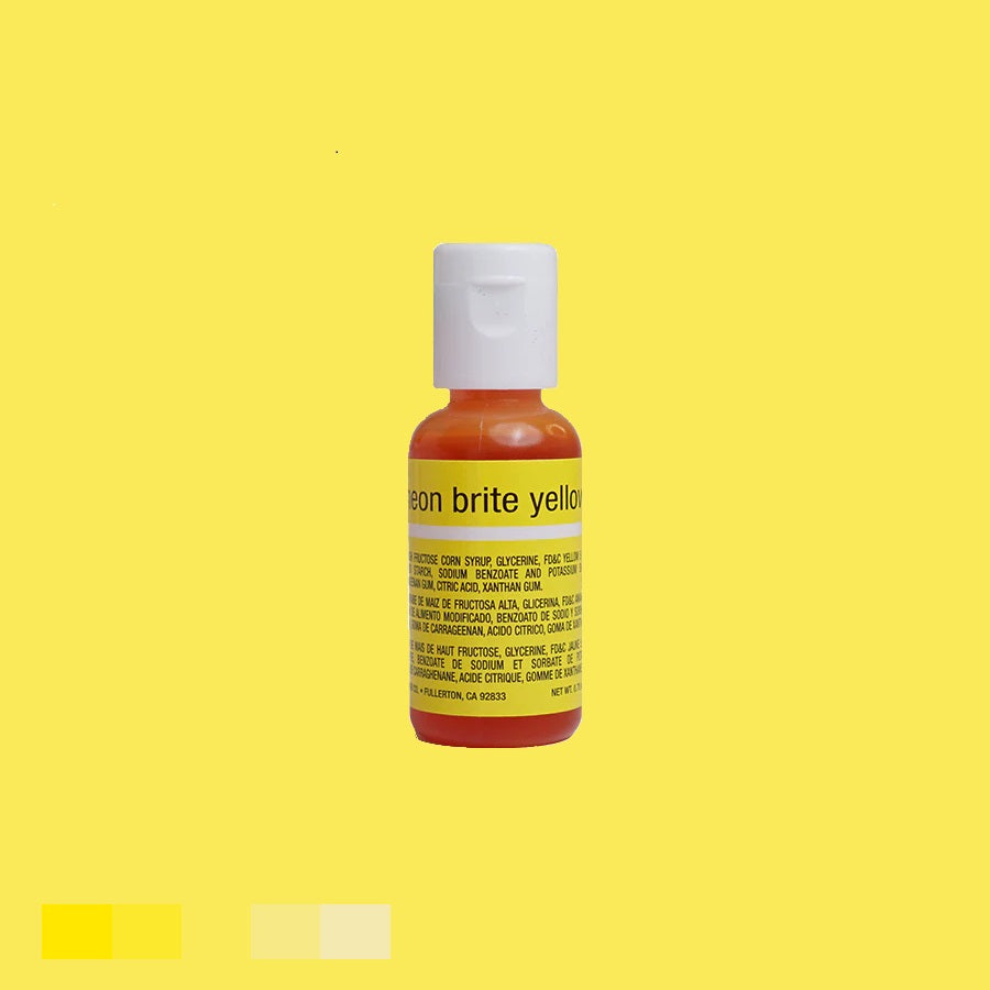 Bright neon yellow gel-based food coloring by Chefmaster, 0.70 oz, perfect for vibrant cakes and desserts, with a white screw-on cap, displayed on a yellow background.