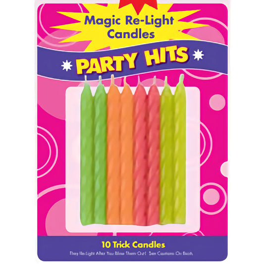 Pack of 10 Neon Magic Relite Birthday Candles, each 2.5 inches tall, in vibrant neon colors, perfect for adding fun and surprise to any celebration.