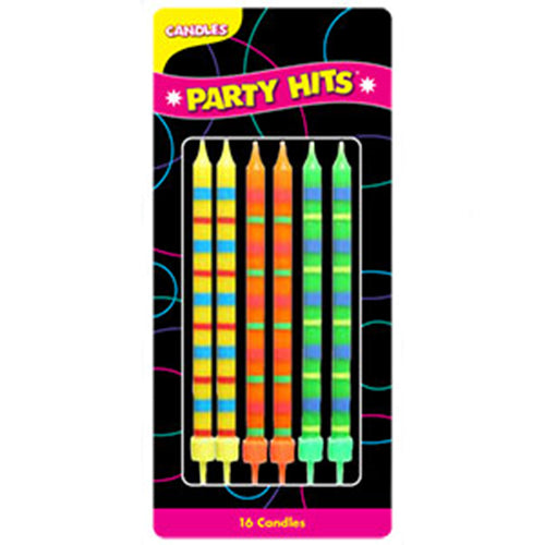 Paparazzi Birthday Candles with bold multicolored stripes, measuring 4 inches, with holders included in a pack of 16.