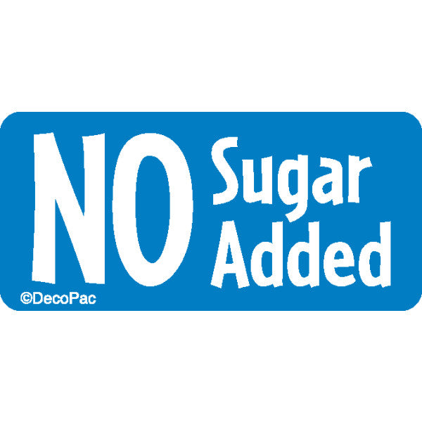 No Sugar Added label with bold white text on a bright blue background, perfect for bakery displays and packaging of low-sugar products.