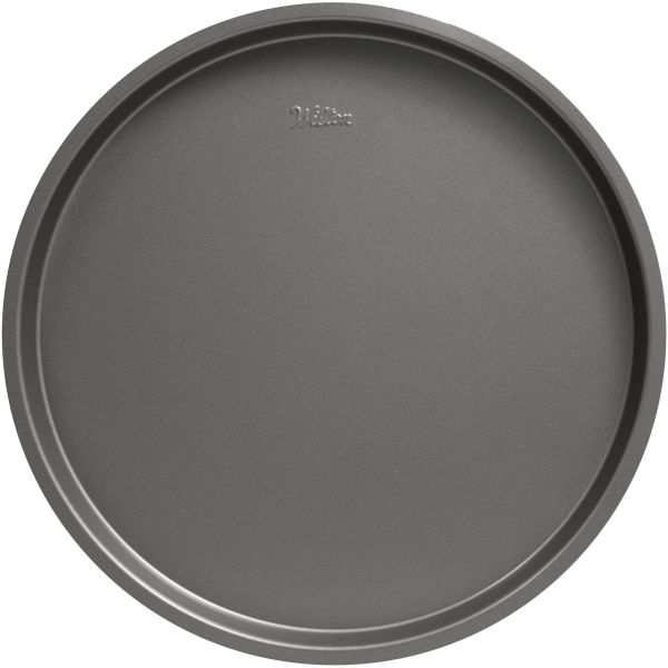Round Wilton silver non-stick 12-inch pizza pan with shallow rim and smooth dark gray surface; ideal for baking pizzas, cookie cakes, and fruit tarts.