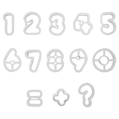 Full set of PME number cutters arranged flat to show all 13 pieces including numbers and symbols.