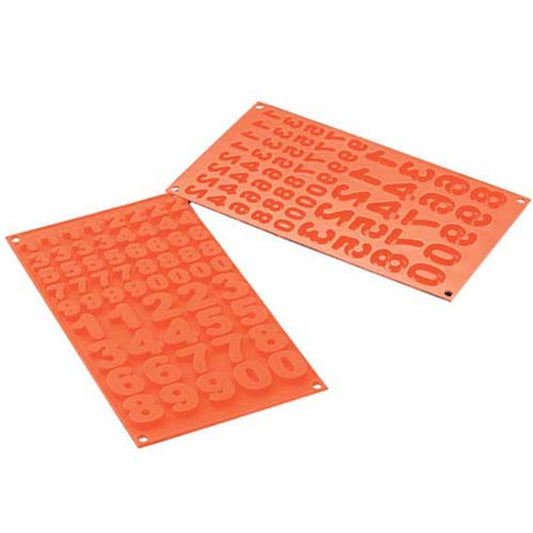 Two orange silicone molds with cavities for numbers 0 through 9 in small and large sizes.