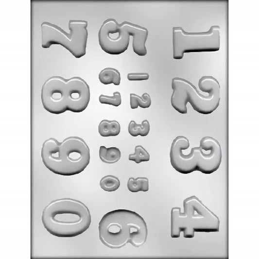 A plastic chocolate mold designed for crafting numerical shapes out of chocolate, featuring digits 0 through 9 for precise cake and confection decoration.