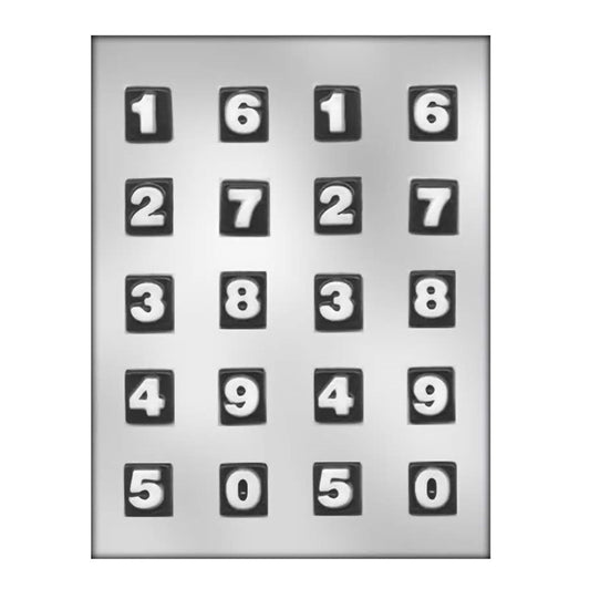 A numerical chocolate mold sheet with ten square-base cavities, each bearing a raised numeral from 0 to 9, perfect for creating date-specific decorations for anniversaries, birthdays, or New Year celebrations.