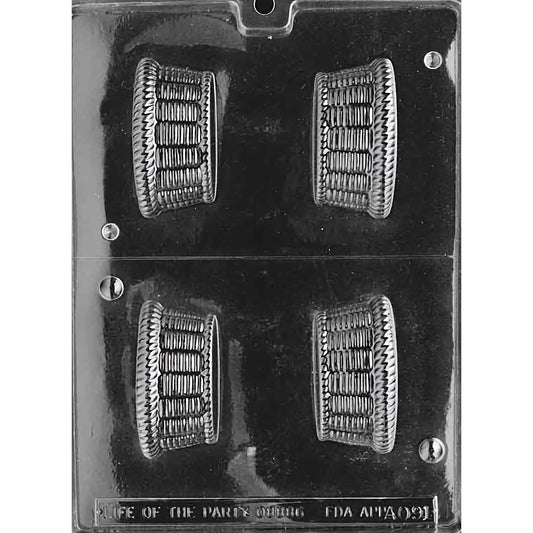 Nut Cup Chocolate Mold with four cavities, each designed to create a detailed and intricate nut cup shape. Dimensions: 3 inches by 1-1/2 inches and 1-1/2 inches deep, using approximately 1.2 ounces of chocolate per piece. One pound of chocolate produces about 13 pieces. Made of food-grade plastic and manufactured in the USA.