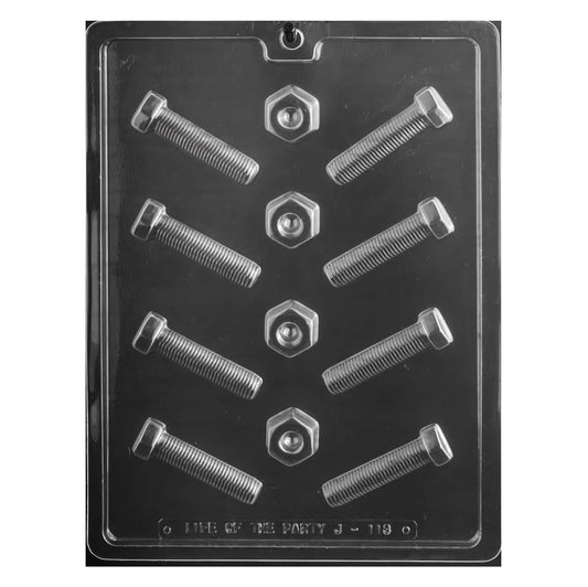 The image illustrates a clear plastic chocolate mold designed to create chocolate pieces in the shapes of nuts and bolts. The mold has several cavities in the shapes of hexagonal nuts and threaded bolts, intended for precision in creating tool-themed confections.