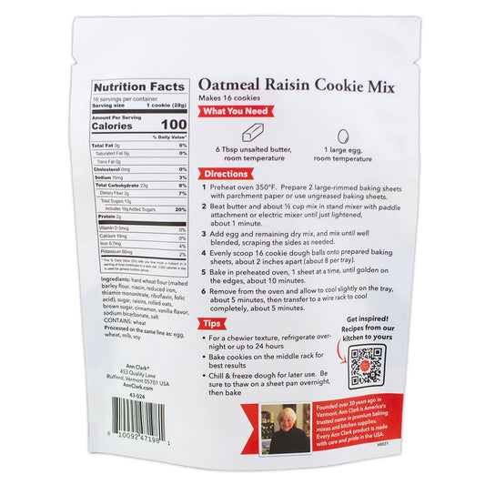 Back of Ann Clark Oatmeal Raisin Cookie Mix showing directions, ingredients, nutrition facts, and baking tips for soft, chewy cookies.
