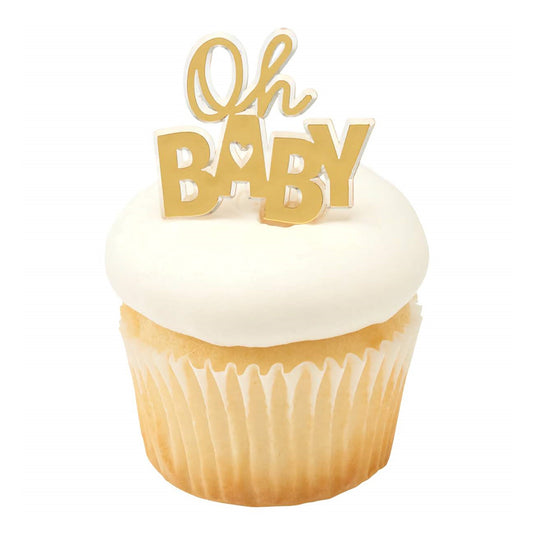 Gold 'Oh Baby' cupcake pick, elegant for baby shower celebrations and chic pastry toppings.