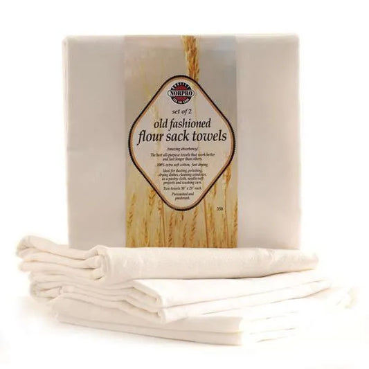 Norpro set of two old-fashioned flour sack towels in white packaging.