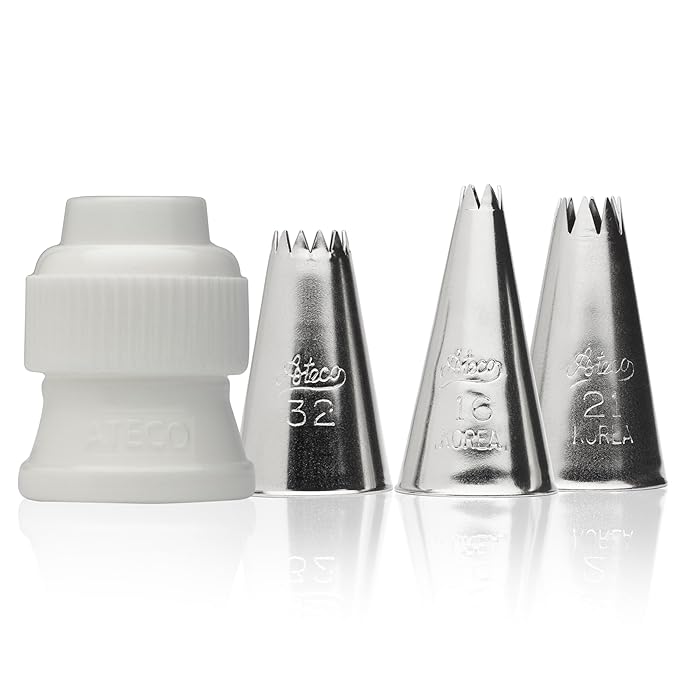 Ateco 381 Open Star Piping Tip Set – 4-piece stainless steel set with tips 16, 21, and 32, plus a standard coupler, perfect for creating rosettes, stars, and textured decorations.