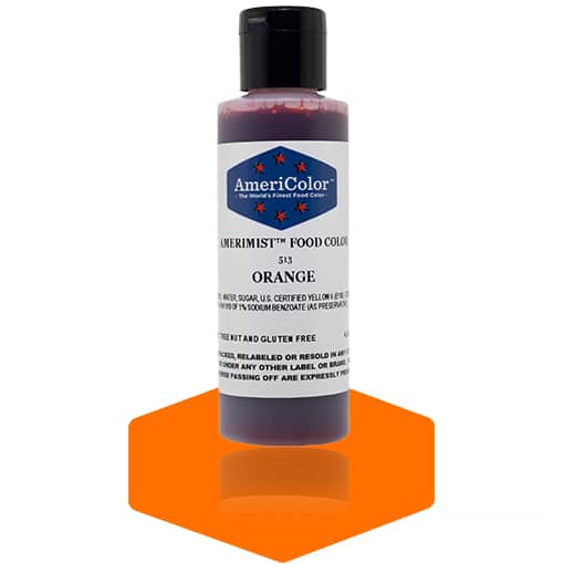 Orange AmeriMist 4.5 oz airbrush food coloring bottle by AmeriColor, designed for vibrant cake and dessert decorating.