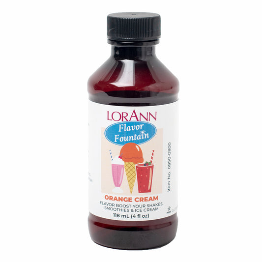 LorAnn Orange Cream Flavor Fountain bottle with illustrated label showing ice cream and milkshakes, used to flavor frozen desserts with citrus and vanilla blend