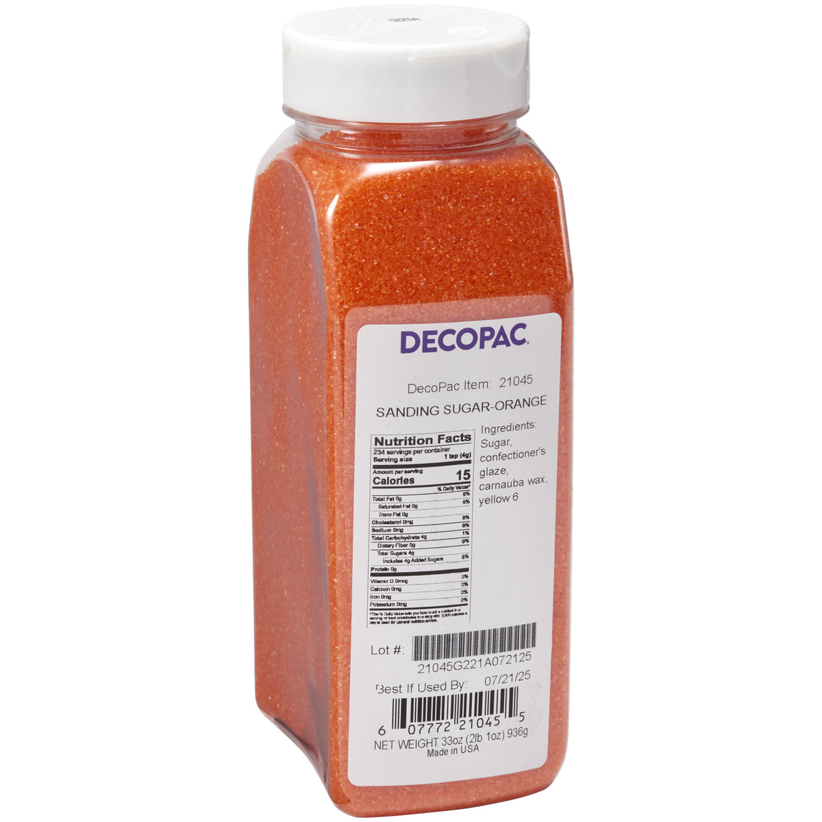 DecoPac Orange Sanding Sugar in a 33 oz clear plastic shaker container with a white lid, filled with bright orange sugar crystals, item #21045.
