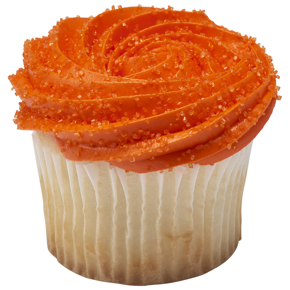 Vanilla cupcake in a white paper liner topped with a large swirl of orange buttercream frosting and sparkling orange sanding sugar crystals.