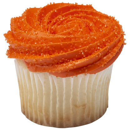 Vanilla cupcake in a white paper liner topped with a large swirl of orange buttercream frosting and sparkling orange sanding sugar crystals.