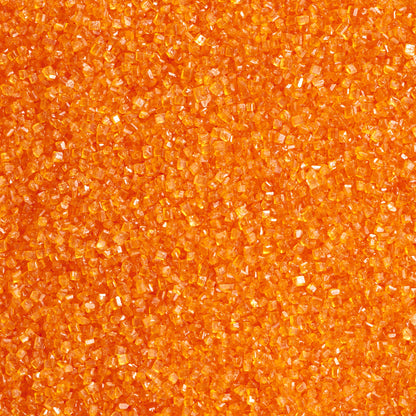 Close-up of vibrant orange sanding sugar showing coarse, translucent orange sugar crystals with a shiny, faceted texture.