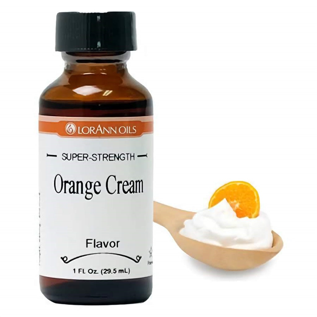 LorAnn Super Strength Orange Cream Flavor in a 1 fl oz bottle, with a creamy texture and orange slice, reminiscent of a classic orange creamsicle dessert.