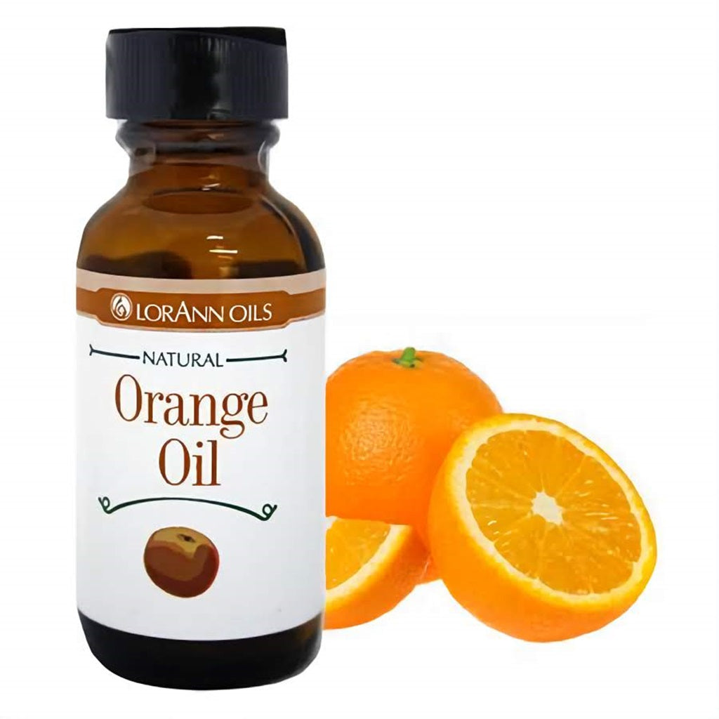 1 fl oz bottle of LorAnn Natural Orange Oil, showcased with bright orange citrus halves, delivering the zesty and refreshing flavor of real oranges.