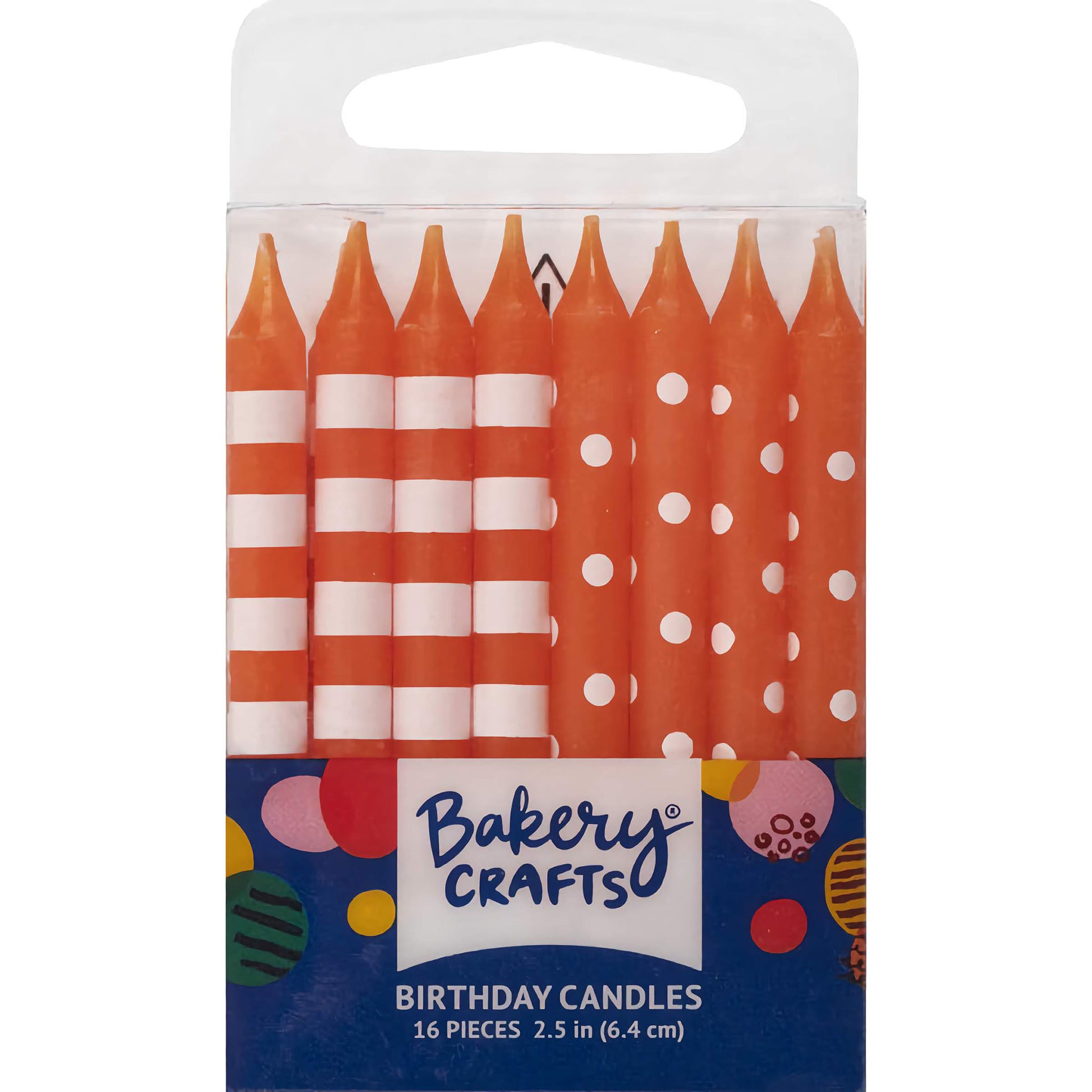 Bakery Crafts Orange Stripes & Dots Birthday Candles, featuring a mix of orange candles with white stripes and polka dots, 2.5 inches tall, 16-pack.