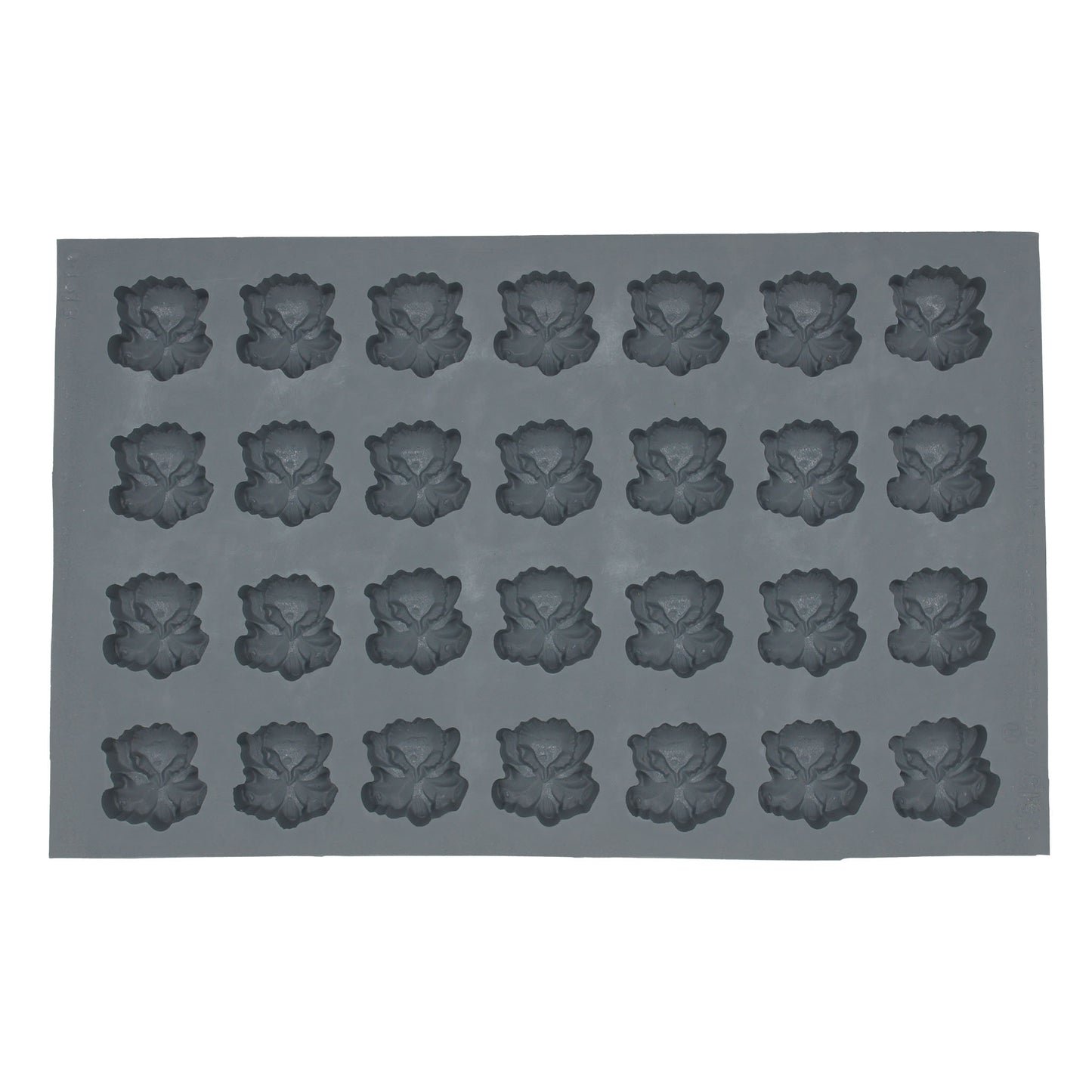 A rectangular rubber mold with 28 cavities shaped like orchids, ideal for making cream cheese mints and chocolates. Each cavity measures 1.5 inches by 1.5 inches by 0.5 inches deep. Available in full sheet or single mold sections.