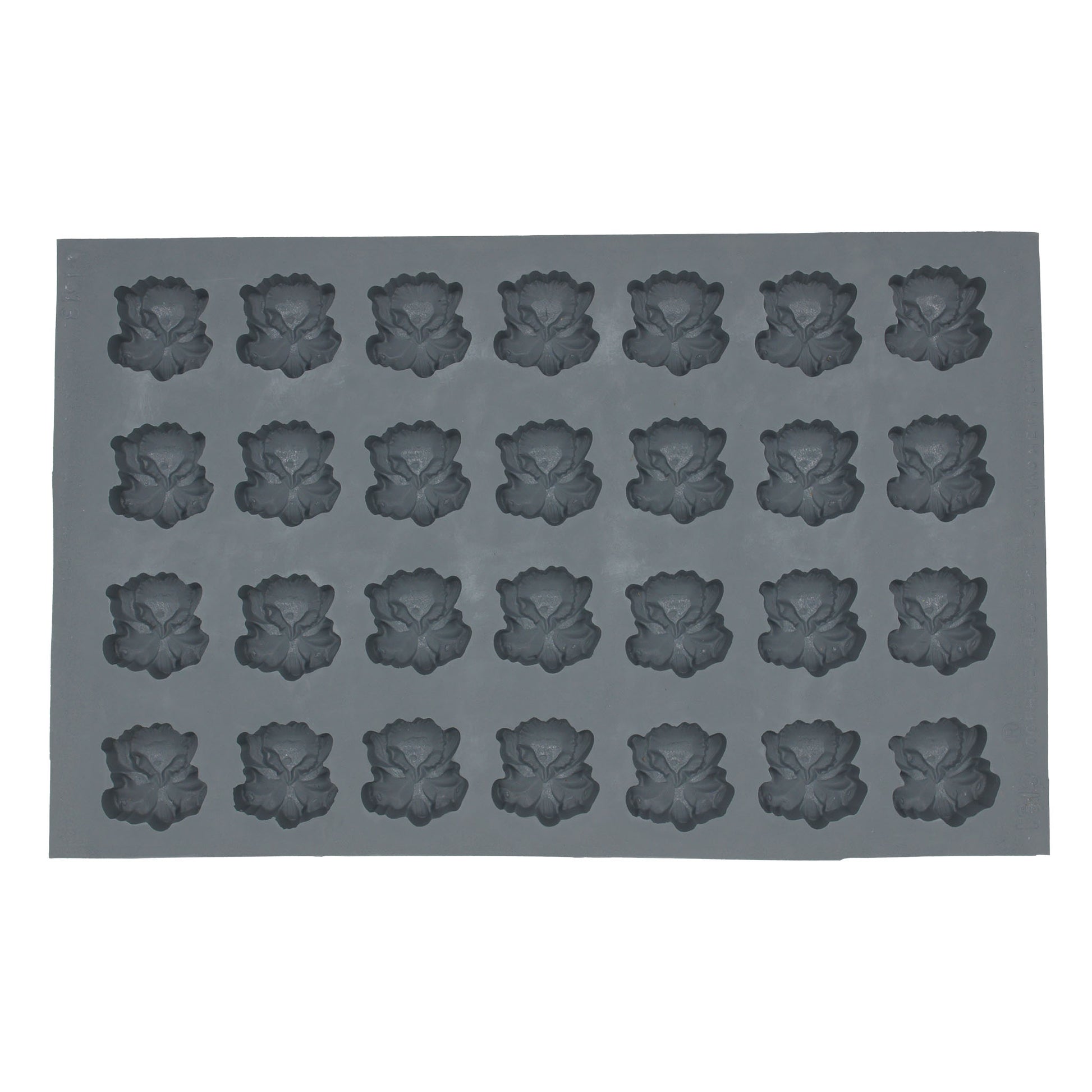 A rectangular rubber mold with 28 cavities shaped like orchids, ideal for making cream cheese mints and chocolates. Each cavity measures 1.5 inches by 1.5 inches by 0.5 inches deep. Available in full sheet or single mold sections.