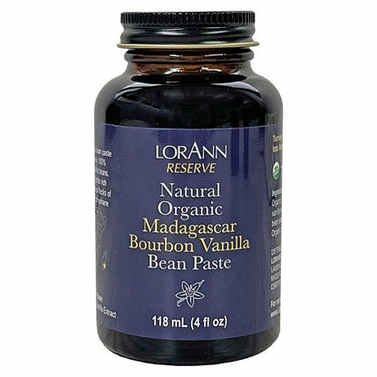 Bottle of LorAnn Reserve Natural Organic Madagascar Bourbon Vanilla Bean Paste on a white background