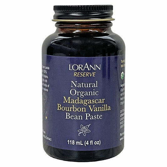 Bottle of LorAnn Reserve Natural Organic Madagascar Bourbon Vanilla Bean Paste on a white background