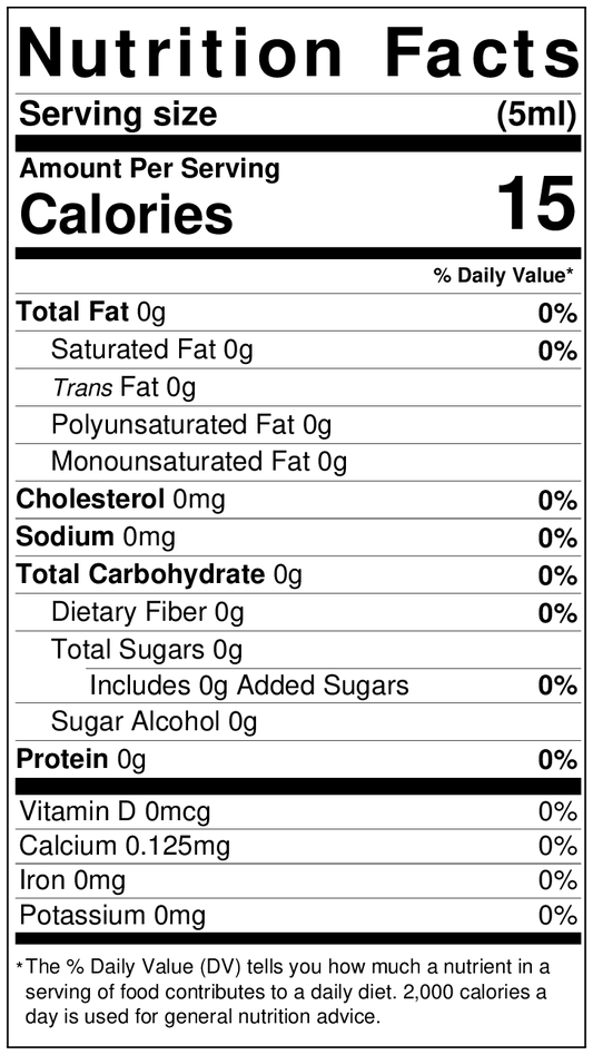 Nutrition facts label for LorAnn Reserve Madagascar Bourbon Vanilla Extract showing 15 calories per 5 ml serving and zero fat, sugar, or protein.