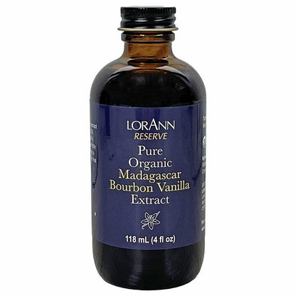 Bottle of LorAnn Reserve Pure Organic Madagascar Bourbon Vanilla Extract, 4 fl oz, with dark amber glass and navy label.