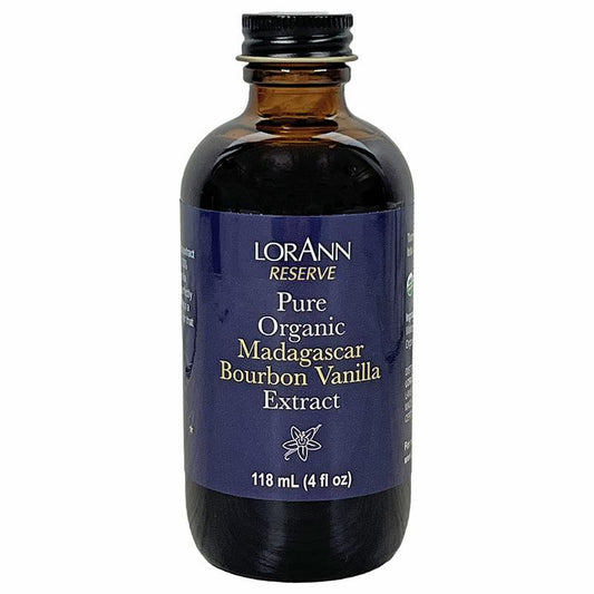 Bottle of LorAnn Reserve Pure Organic Madagascar Bourbon Vanilla Extract, 4 fl oz, with dark amber glass and navy label.
