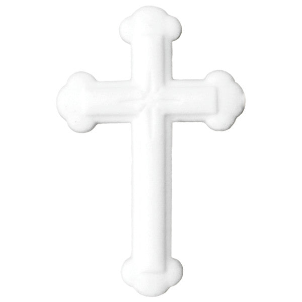  White cross-shaped pressed sugar decoration with a Star of Bethlehem design, made of edible white sugar.