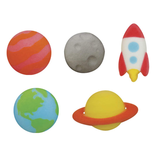 Colorful pressed sugar cake decorations with outer space theme, featuring a red and orange striped planet, a gray moon, a red and white rocket, a green and blue Earth, and a yellow planet with an orange ring.