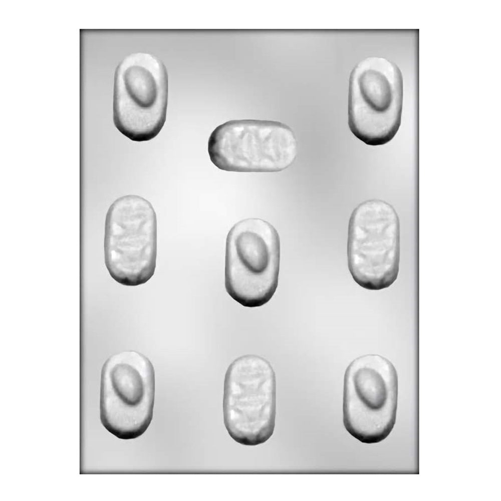 Image of a white oval candy mold designed to create Almond Joy-style chocolates. The mold features eight cavities, each with a raised almond shape in the center, reminiscent of the classic Almond Joy candy. The cavities are set against a contrasting background, highlighting the detail and depth that will give the finished chocolates their signature look.