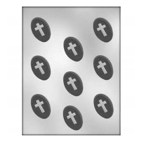 Chocolate mold featuring small oval shapes with a prominent cross in the center, ideal for religious celebrations, baptisms, and confirmation party favors.