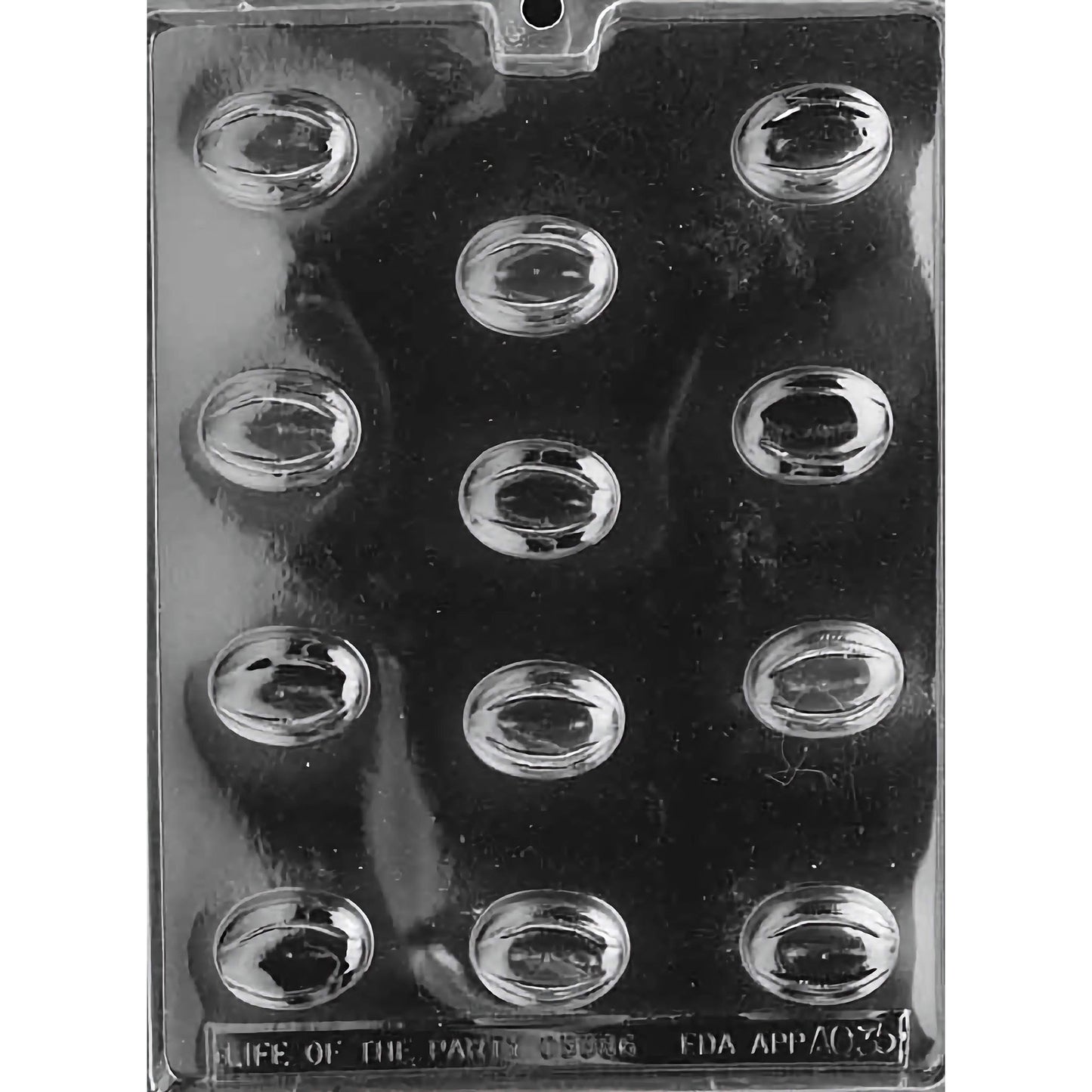 Clear plastic chocolate mold with 12 oval-shaped cavities for creating filled chocolates.