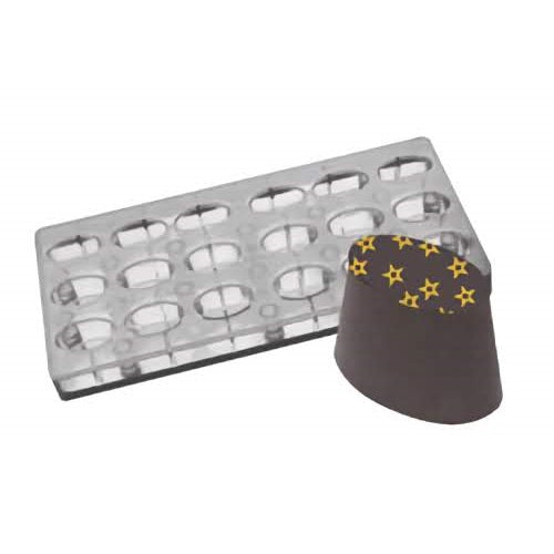 The image shows a gray polycarbonate candy mold with a series of oval cavities, designed for chocolate or candy making. Accompanying the mold is one example of a finished chocolate piece, dark brown with a glossy finish, decorated with a sprinkling of golden stars on top. The mold is magnetic, which helps in creating the precise and polished finish on the chocolates.