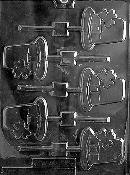 P003 HAT WITH SHAMROCK Lollipop chocolate mold with hat-shaped lollipop cavities decorated with shamrocks.