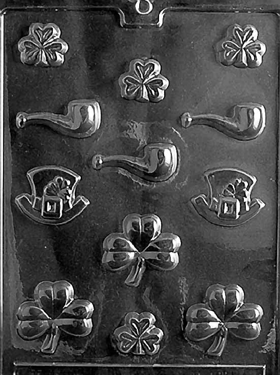P004 ST. PATRICK ASSORTMENT chocolate mold showing multiple small Irish-themed cavities for assorted candies.