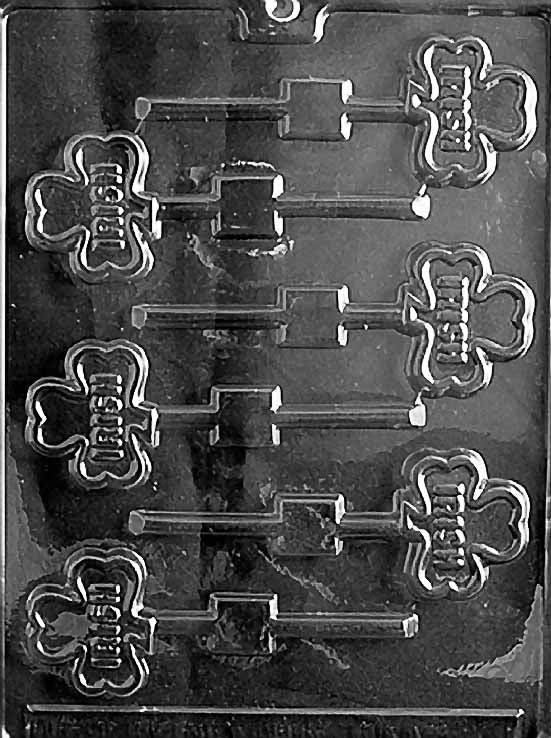 P005 IRISH Lollipop chocolate mold with small lollipop cavities featuring Irish lettering.