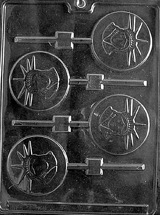 P014 STATUE OF LIBERTY Lollipop chocolate mold with round lollipop cavities embossed with the Statue of Liberty face.