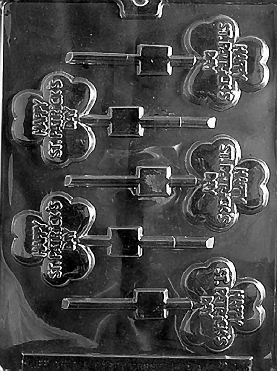 P016 HAPPY ST. PATRICKS DAY CLOVE chocolate mold with small rectangular cavities embossed with festive holiday text.