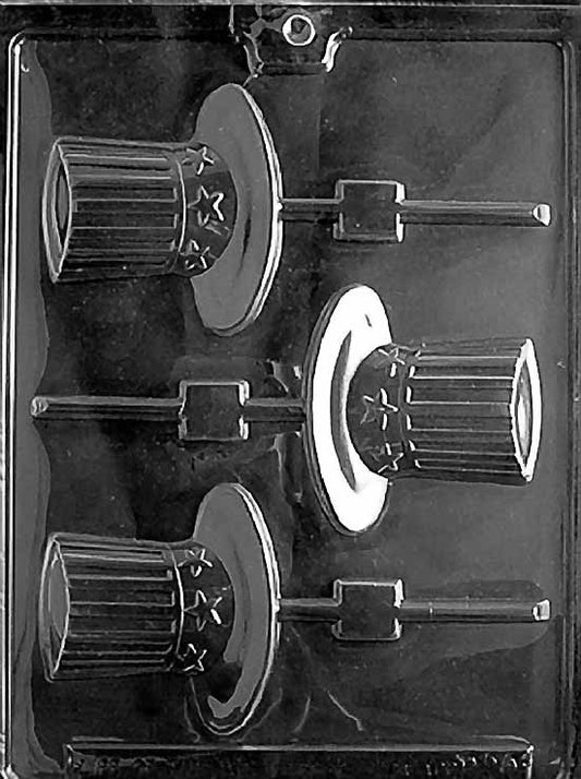 P020 UNCLE SAM'S HAT Lollipop chocolate mold with hat-shaped lollipop cavities decorated with stars and stripes.