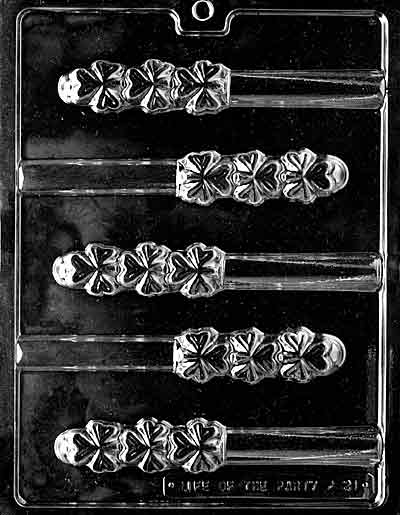 P021 SHAMROCK PRETZEL chocolate mold with cavities shaped like shamrocks designed for pretzel rods.
