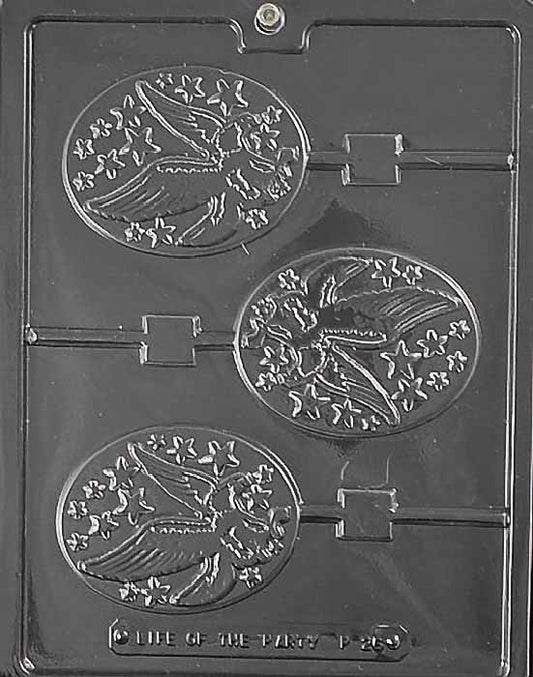 P026 EAGLE Lollipop chocolate mold with lollipop cavities shaped like eagles with wings and beak detail.