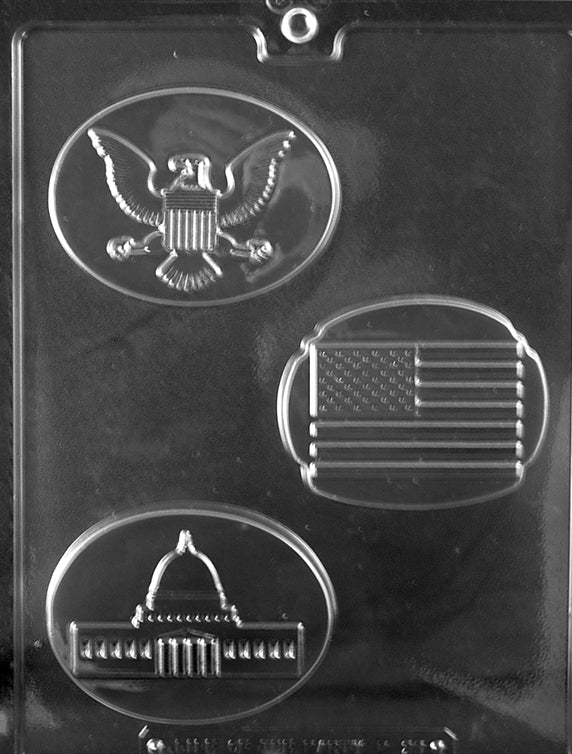 P028 USA BOX SET chocolate mold with two cavities embossed with USA lettering and designs.