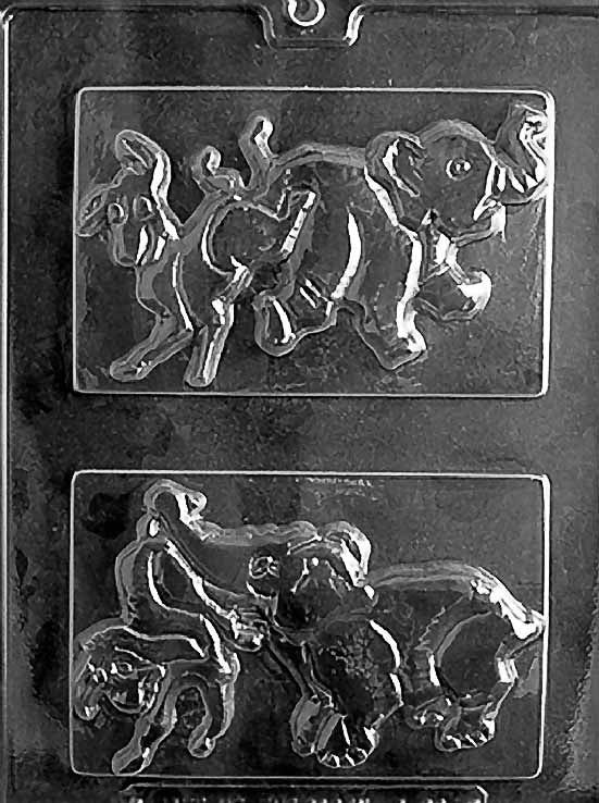 P029 POLITICAL ELEPHANT/DONKEY FOR chocolate mold with two cavities shaped like elephant and donkey party symbols.