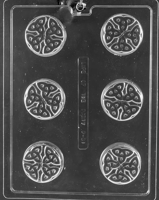 P031 Celtic Cookie chocolate mold with cookie-sized cavities embossed with Celtic knotwork designs.