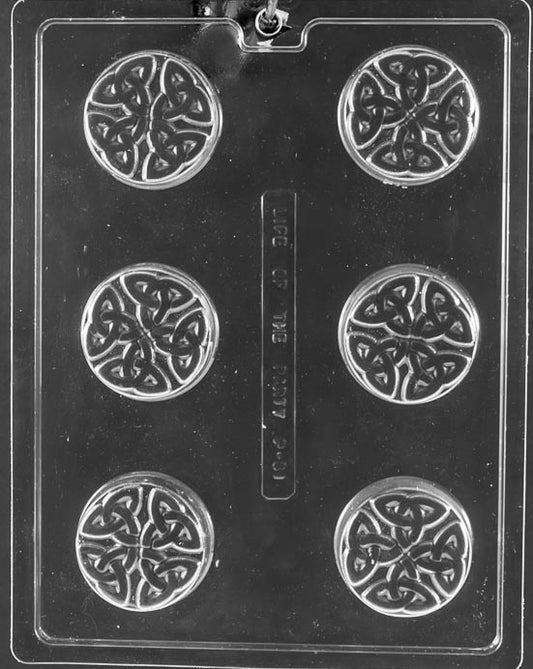 P031 Celtic Cookie chocolate mold with cookie-sized cavities embossed with Celtic knotwork designs.
