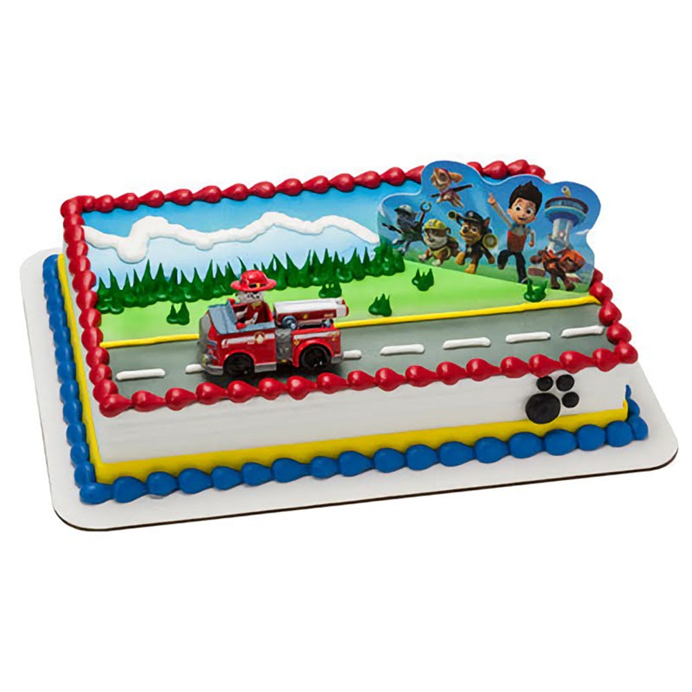 Rectangular celebration cake with PAW Patrol characters as toppers, with vibrant blue, red, and yellow borders, ideal for themed birthday parties. Find this and more kids' party supplies at Lynn's Cake, Candy, and Chocolate Supplies.